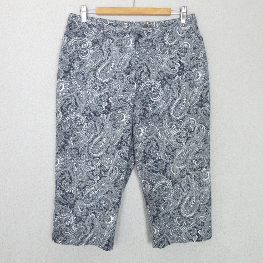 Charter Club Paisley Cropped Pants Womens 14 Blue White Stretch Straight Leg